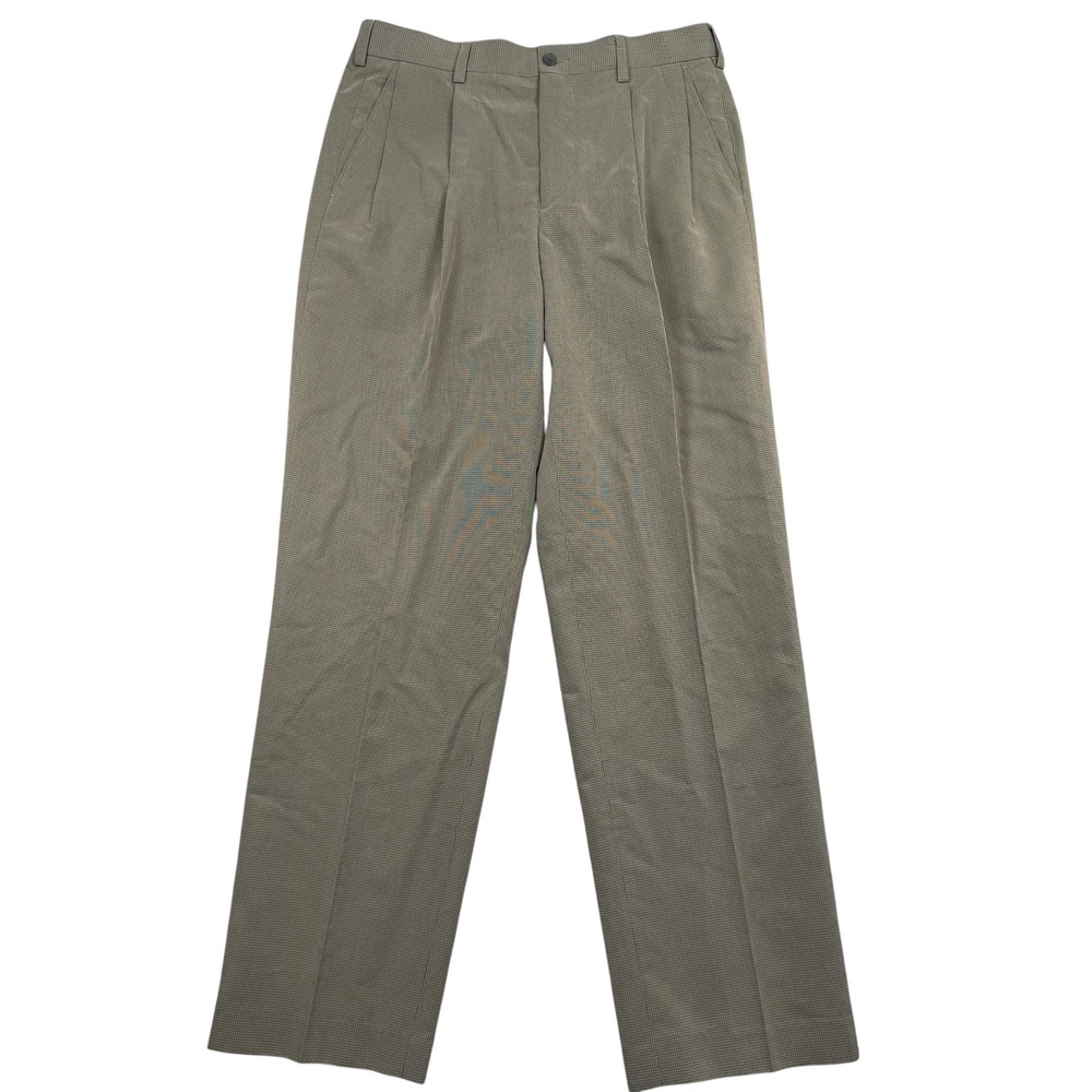 IZOD Golf Pants Mens 32x32 Sand Pleated Micro Check Modal Blend Dress Trousers